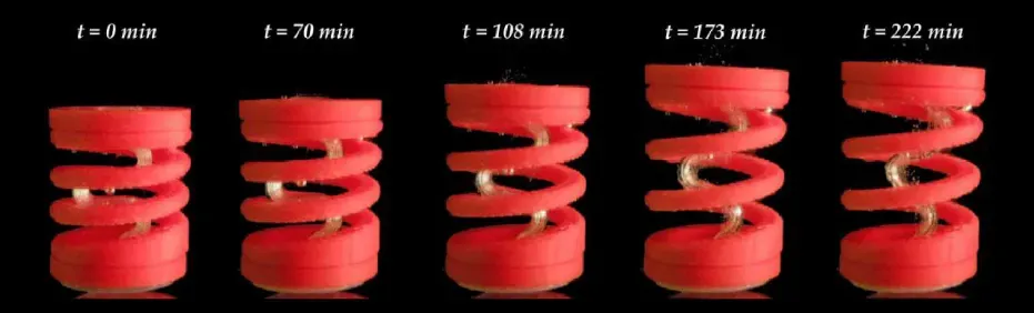 马德里理工大学与IMDEA材料研究所的研究人员联合德国医疗技术公司Meotec，开发出一种降解触发式4D打印方法，该方法利用标准熔丝制造（FFF）技术实现渐进式时间可控形变。发表于《增材制造》期刊的研究表明，聚乙烯醇（PVA）的水解降解可编程化触发存储在聚对苯二甲酸乙二醇酯（PETG）中的弹性势能释放，为生物医学植入体和自适应结构提供了创新方案。