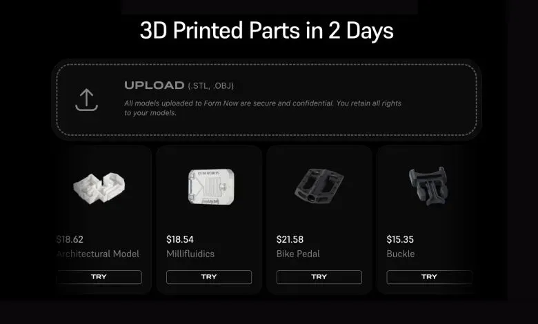 Form Now服务允许用户无需自购设备，即可使用工业级SLA/SLS技术进行原型验证及小批量生产。服务支持15种以上工程树脂与尼龙、TPU粉末，覆盖高强度、耐高温及弹性材料需求，下单后可即时报价，全美范围2日内送达。
