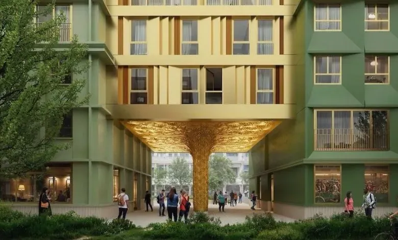 Klunder Architecten设计的“银杏综合体”学生公寓中，Studio RAP将运用机器人3D打印技术，以近300年树龄的银杏叶为灵感，打造通道内的立柱与天花板装饰。数百片定制陶瓷砖通过机械臂挤出成型，并饰以暖金色釉面，形成沉浸式几何图案空间。