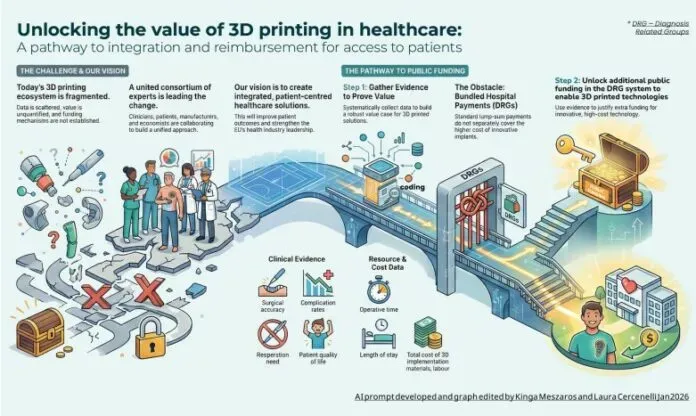 欧洲3D打印医疗设备因报销体系碎片化而推广受阻。专家指出，技术成熟但缺乏经济证据与统一编码，各国各自为政。行业、医院、支付方需共建共享数据注册库，强化患者参与，推动HTA认可与医保覆盖。
