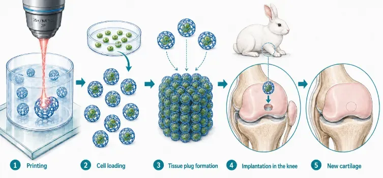 BIO INX的可生物降解树脂帮助维也纳工业大学的研究人员首次将双光子光刻微支架植入活体，用可降解树脂打印0.3毫米球体并载入软骨细胞，积木式拼成植入体。兔膝缺损12周后新生组织厚度达天然软骨91%，组织学评为接近正常，且支架完全降解，为注射式软骨修复开辟可能。