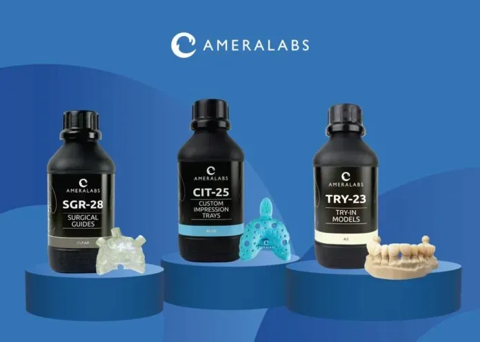 AmeraLabs推出三款获CE I级认证的牙科树脂：CIT-25用于定制印模托盘，SGR-28用于外科导板，TRY-23用于试戴义齿。均通过ISO 10993-1生物相容性测试，适配多种385/405nm光源打印机，具备高强度、低吸水、易调整等特性，并承诺不含TPO等争议成分。
