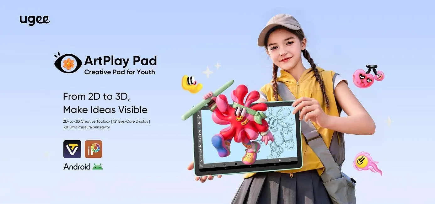 ArtPlay Pad以16K级EMR笔与类纸屏降低儿童绘画门槛，内置ibisPaint和Tripo AI将涂鸦转3D模型，无缝输出至Funbox打印机。相比过往独立应用，ugee通过专用设备与安全打印机形成完整闭环，让想象力可被触摸。