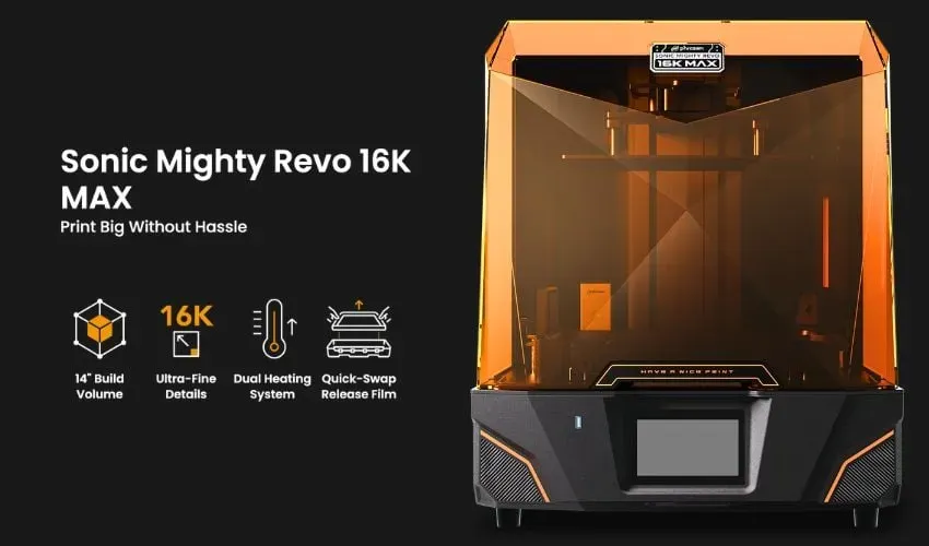 Phrozen推出Sonic Mighty Revo 16K MAX，以14英寸16K面板实现20×26µm像素，搭配2L大料槽、加热腔与可选加热槽，解决低温与续航痛点；支持AI监控色彩校正、快拆离型膜、断电续打。面向专业工作室，常规价1600美元，超早鸟价1300美元。