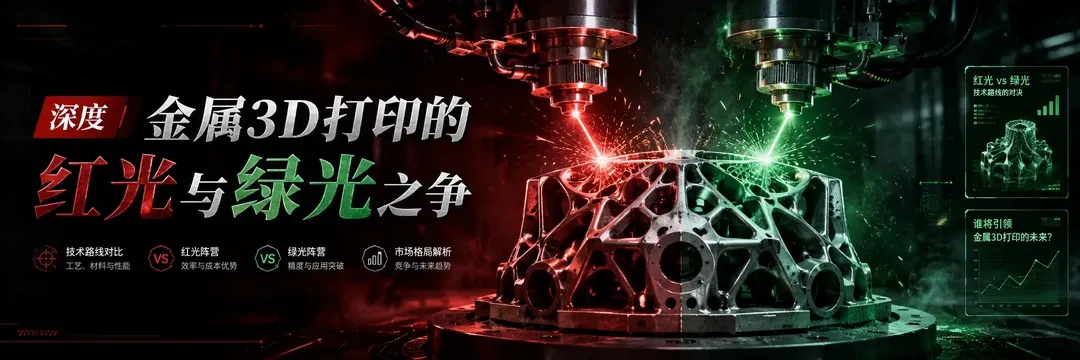 本文解析金属3D打印中近红外与绿光激光在铜加工上的物理差异、工艺窗口及成本权衡，指出红光凭借成熟与经济性主导量产，绿光以更稳工艺实现极致性能，二者互补而非取代，选型取决于应用场景。