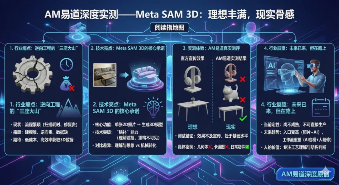 Meta AI发布SAM 3D模型，宣称单图即可生成完整3D模型，有望颠覆传统逆向工程流程。然而实测显示，当前生成效果与宣传差距较大，模型识别与重建能力仍处早期阶段。尽管技术尚未成熟，但其方向明确——或推动建模门槛降低，重塑行业成本结构。