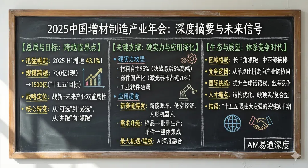 中国增材制造产业正处从并跑到领跑的关键期：产量增速43.1%，材料自主率达95%，1500亿产值目标明确。AI融合、批量化应用、产业链协同成核心趋势，未来五年将聚焦高端突破与全球竞争。
