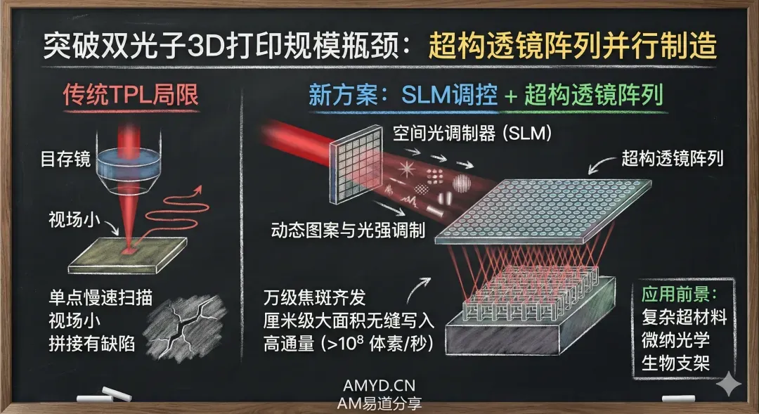 斯坦福与劳伦斯利弗莫尔国家实验室在《自然》发表突破性研究，利用超透镜阵列与空间光调制器，实现了12万焦点同步工作的双光子3D打印系统，加工幅面达12平方厘米，有效克服视场限制与拼接瑕疵，将打印速度提升至每秒1.2亿体素，为微纳制造规模化开辟全新路径。