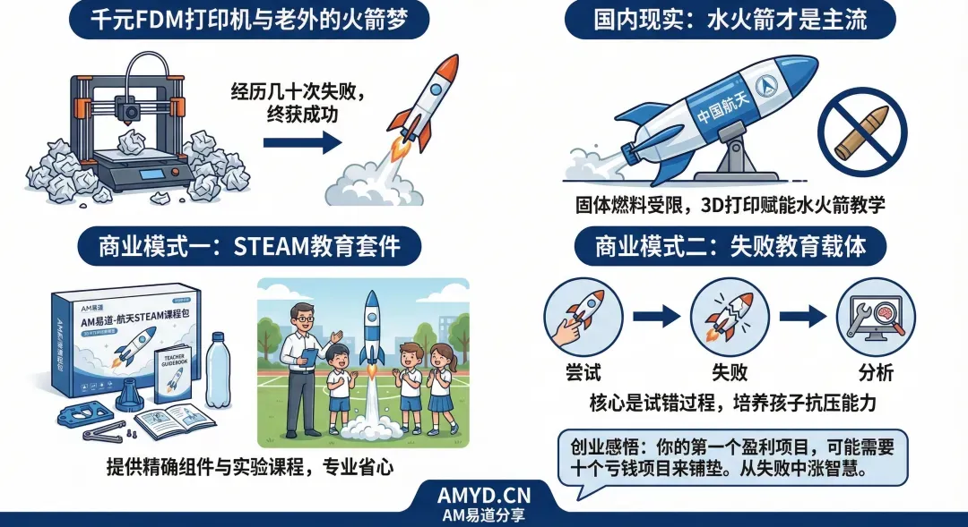 3D打印结合水火箭打造STEAM教育方案：通过可定制尾翼与发射架提升实验精度，配套课程教具降低教学门槛，更以“失败教育”为核心，引导学生在试错中成长，为研学机构与学校提供创新解决方案。