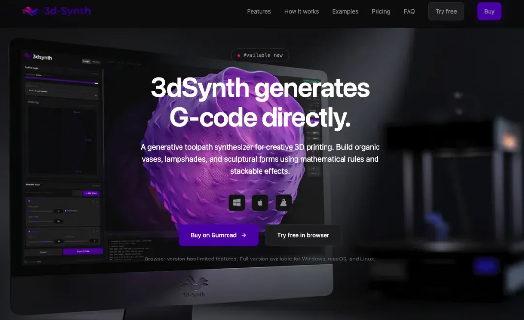 3dSynth革新了传统建模-切片流程，通过数学参数直驱G代码生成，实现高分辨率连续单壁打印。该工具特别适合装饰品创业者快速设计花瓶、灯罩等流线造型，但无法处理功能件与多材料优化。作为细分领域效率工具，它降低了设计门槛，为艺术导向应用提供了实时迭代的可能。