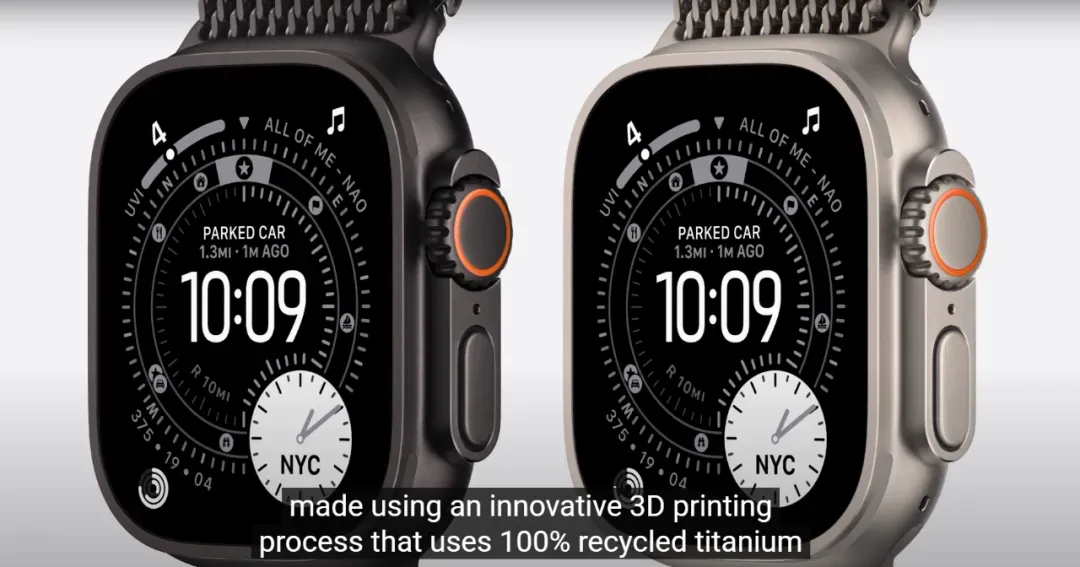 苹果Apple Watch Ultra 3正式采用3D打印钛金属表壳，材料用量减半，首次实现增材制造在顶级消费电子中的百万级商业化应用，契合2030碳中和目标，标志金属3D打印迈入大众市场。