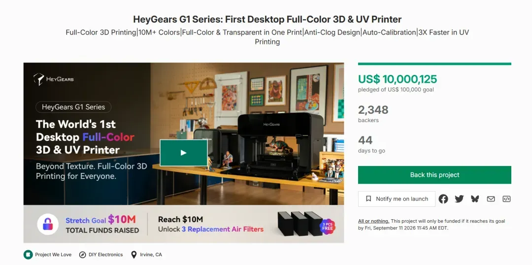 黑格科技G1系列全彩3D打印机众筹破千万美元，首创三合一（全彩成型、纹理浮雕、UV打印）桌面级方案，起售价1999美元，耗材成本仅为同类十分之一，明年发货。