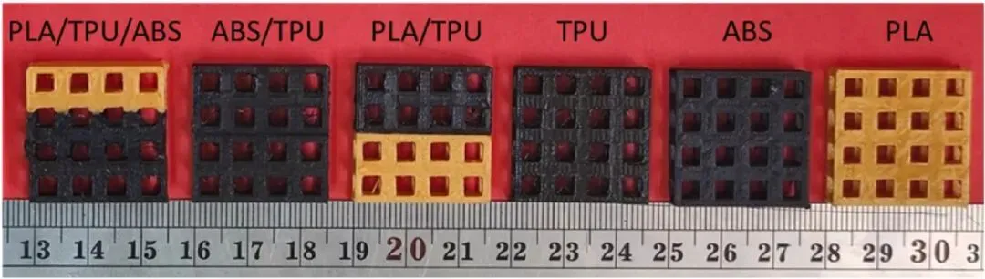 伊朗团队以FDM制备ABS/TPU/PLA多材料超材料，对比蜂窝、内凹、立方体胞元。发现结构设计比材料更关键：PLA蜂窝比能量吸收5540.15 J/kg、较实心增209%，部分屈服强度超实心，仿真误差<10%，利于轻量化吸能应用。