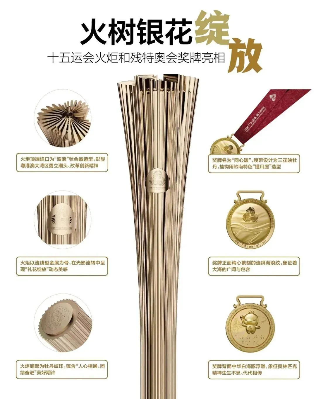 十五运会火炬「绽放」于2025年8月发布，采用金属增材制造与模块化设计，使用3D打印不锈钢和耐温铝合金，并结合耐高温表面处理。火炬高760毫米、重1.6公斤，报道介绍其复杂造型及抗8级风设计。