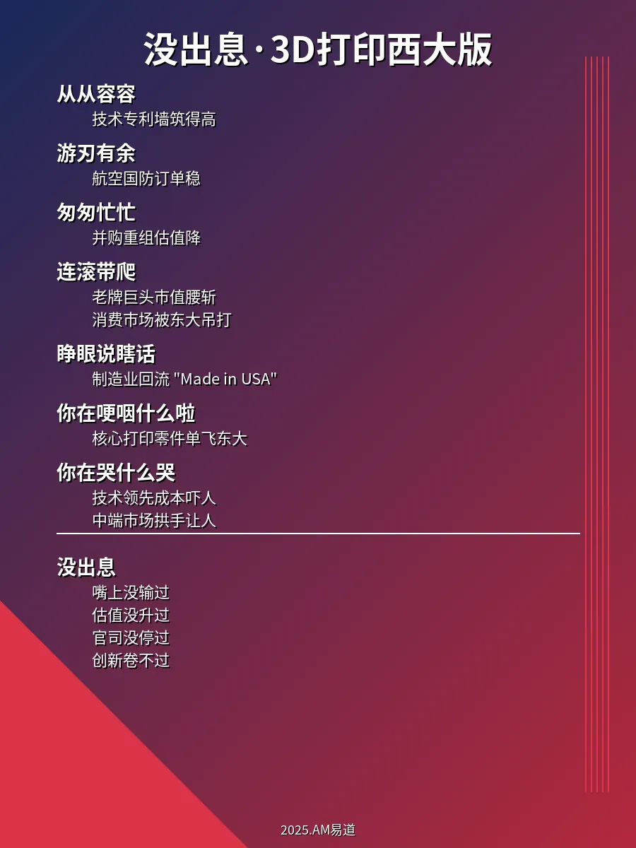 作者借《没出息》的表达形式，以西大、欧罗巴、东大三张非正式对照图，戏谑比较3D打印产业在技术专利、应用订单、市场竞争、成本与创新上的不同处境，并注明如有雷同纯属巧合。