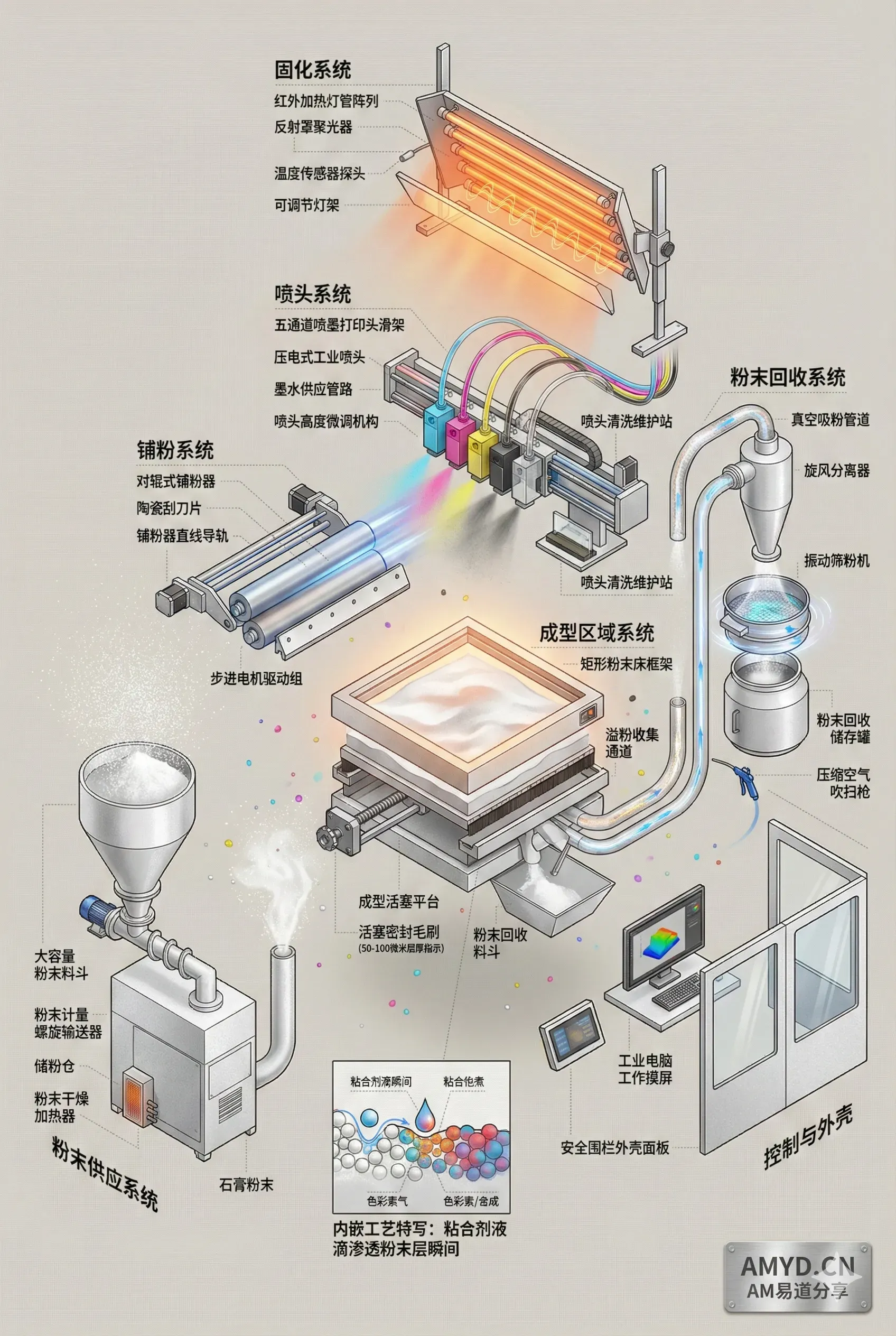 分享一套面向粘结剂喷射设备的AI绘图提示词，覆盖供粉、成形缸、喷头龙门架、固化、粉末处理与控制系统，并附液滴渗透截面示意及中文标注，同时提示图示仅供参考。