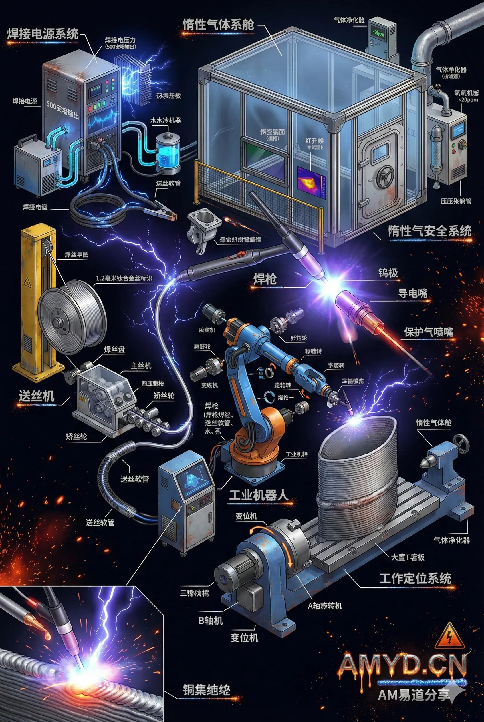 分享Sci-fi WAAM电弧增材制造爆炸图提示词，涵盖电源冷却、送丝、焊枪气路、机器人变位机、层积工件及熔滴过渡等视觉元素，并注明结构标注仅供示意。