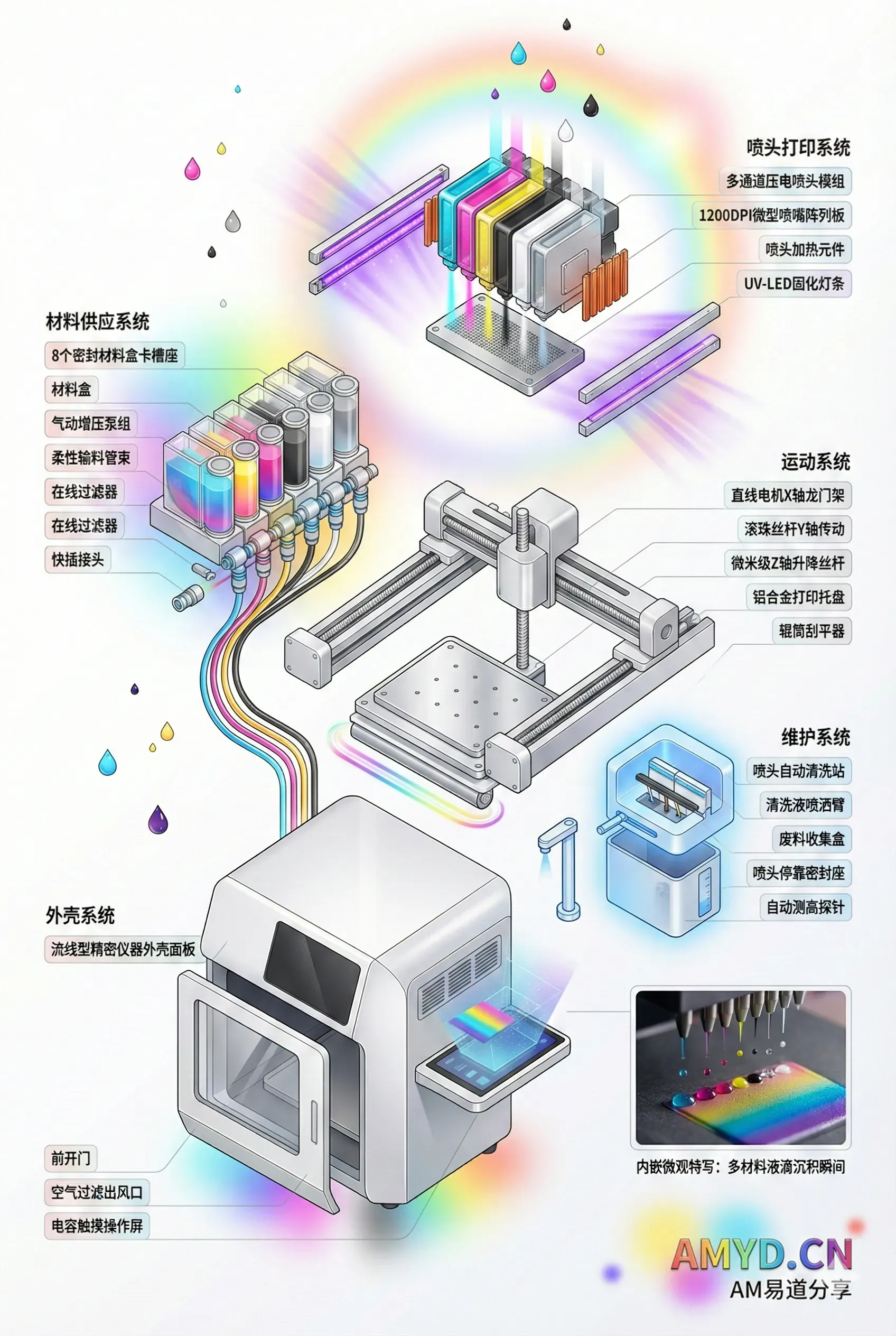 分享使用Nano Banano Pro生成DIW及PolyJet打印机科幻风格爆炸图的中文提示词，包含部件与中文标注要求；说明需要多轮调整构图、光效及细节，并保留技术示意准确性提醒。