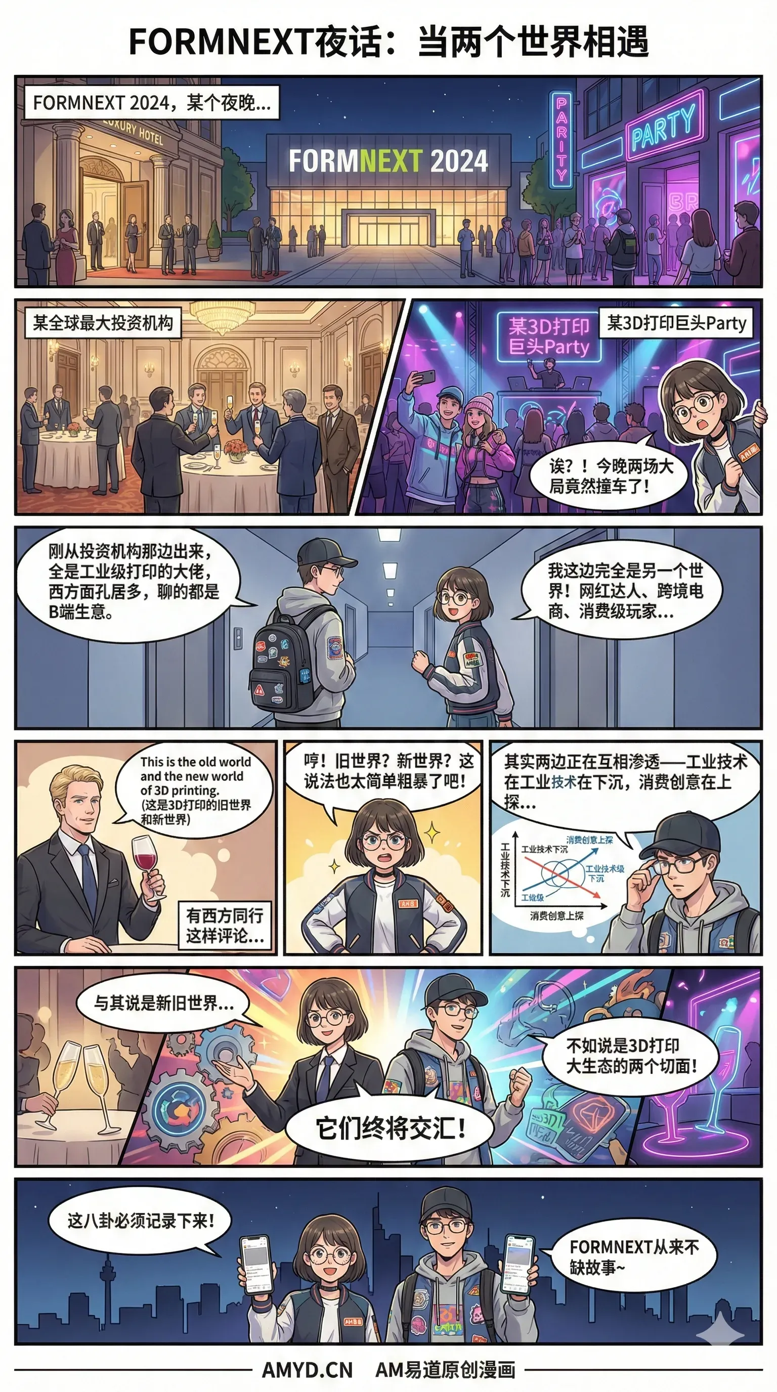 以FORMNEXT夜间两场聚会的虚构漫画，对照工业级与消费级3D打印圈层：一边关注产能、良率与资本，一边重内容、流量与用户；作者认为两者是同一生态的不同切面，正相互借鉴并走向交汇。